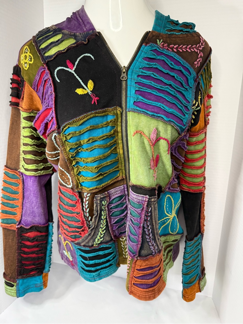 Multicolor Patchwork Bomber Jacket - Eclectic Embroidered Design